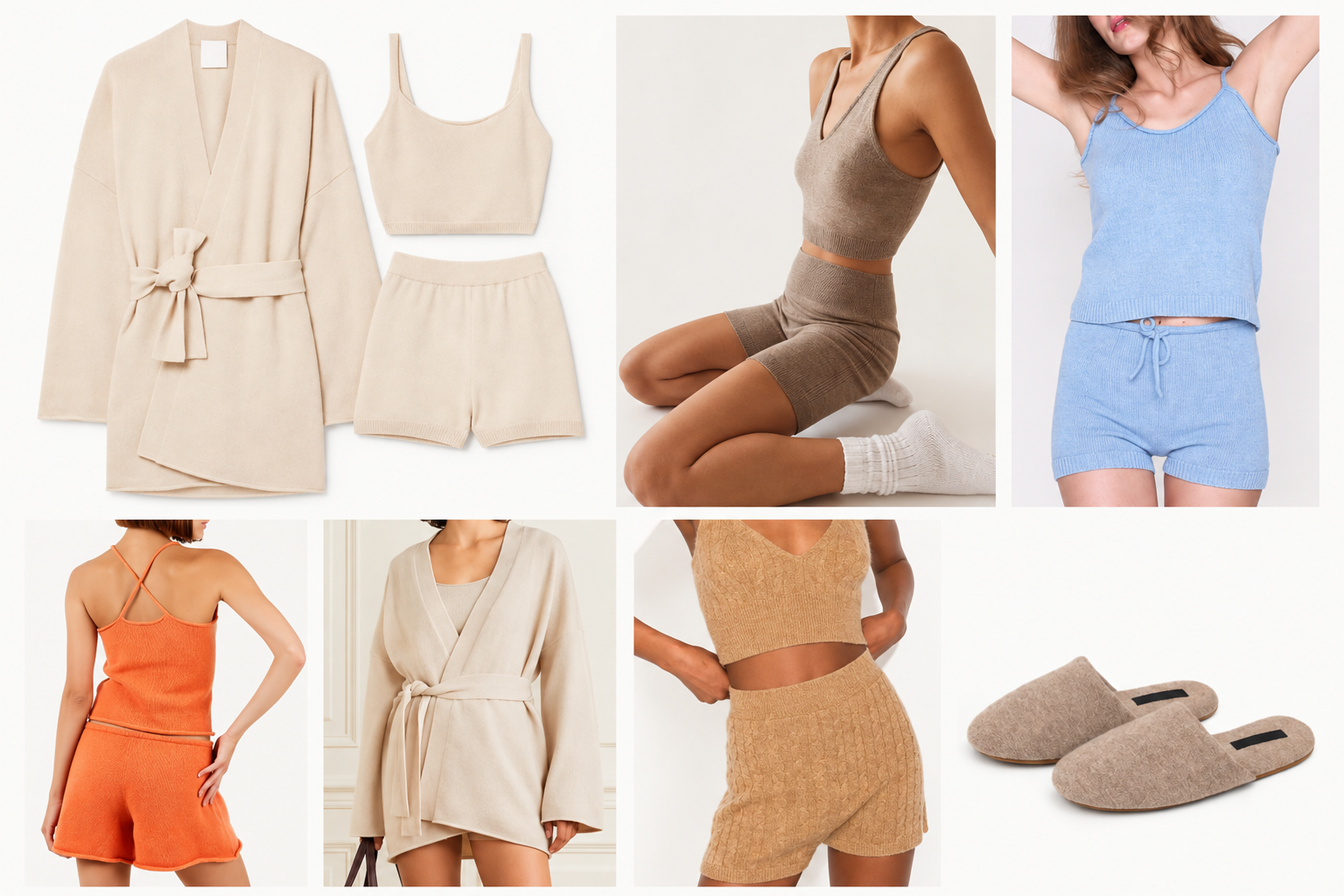 Four Seasons women's cashmere loungewear collection with robes, tanks, shorts, and slippers in soft neutral and resort colors
