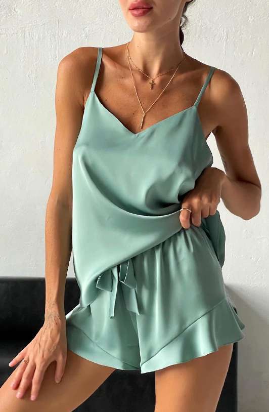 Mint silk camisole and shorts from the Jade Mountain collection direction