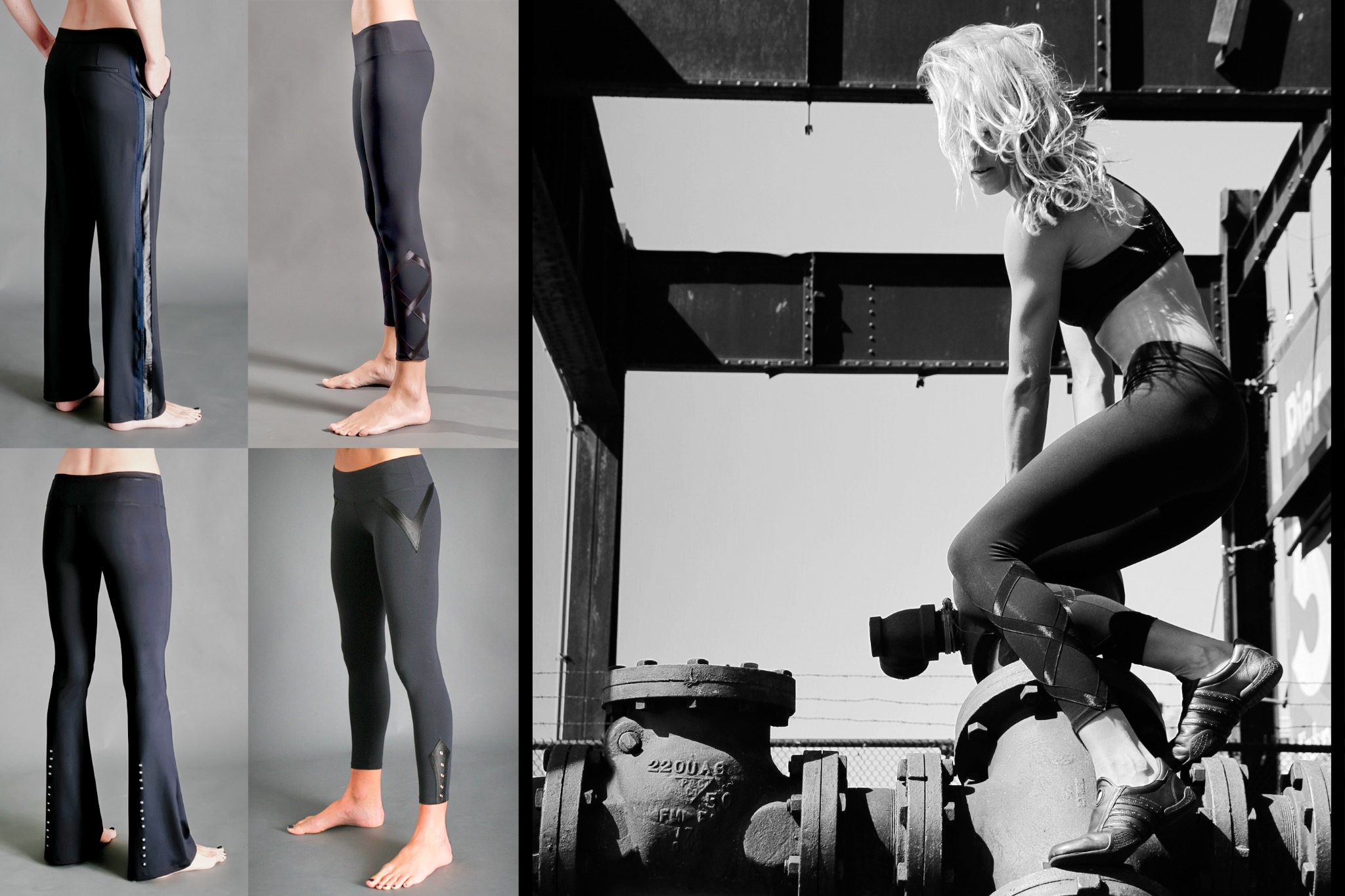 PAYNE trousers and leggings presented with a black-and-white New York rooftop campaign image