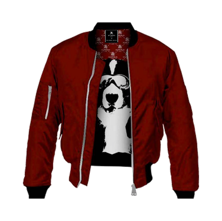 Complete burgundy St. Regis Aspen bomber, fully open to show the Kitty artwork inside