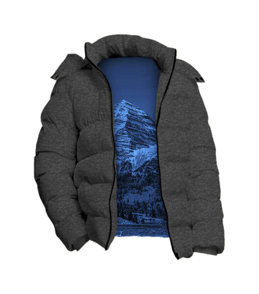 Complete charcoal St. Regis Aspen puffer, fully open to show the Maroon Bells interior artwork
