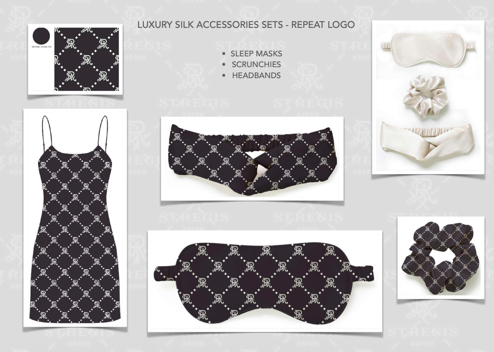 St. Regis Aspen silk accessories including sleep masks, scrunchies, and headbands
