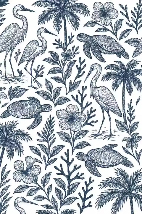 Original coastal wildlife pattern with herons, turtles, palms, and hibiscus