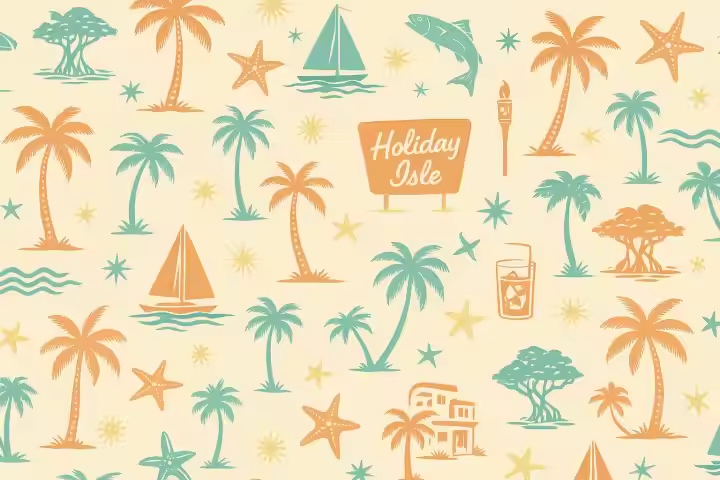 Holiday Isle artwork with palms, sailboats, fish, and resort icons created for Three Waters
