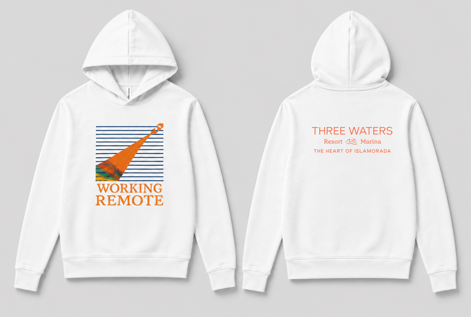 Three Waters Working Remote hoodie design shown front and back